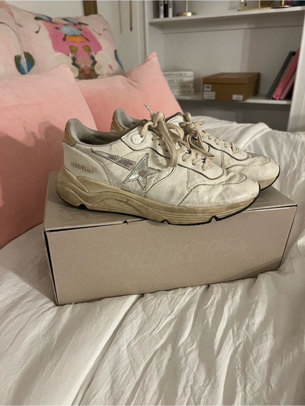 Golden Goose White/Beige Running Sole Women’s Sneakers with Silver Star Accent